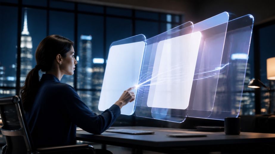 User moving seamlessly through fluid connected interface states in a Manhattan UX design studio