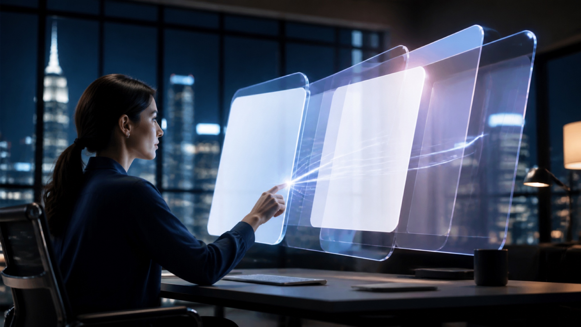 User moving seamlessly through fluid connected interface states in a Manhattan UX design studio