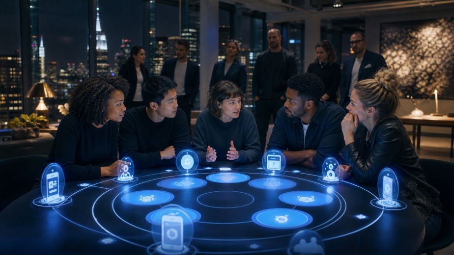 Diverse website users centered within an adaptive digital ecosystem while a Manhattan product team listens