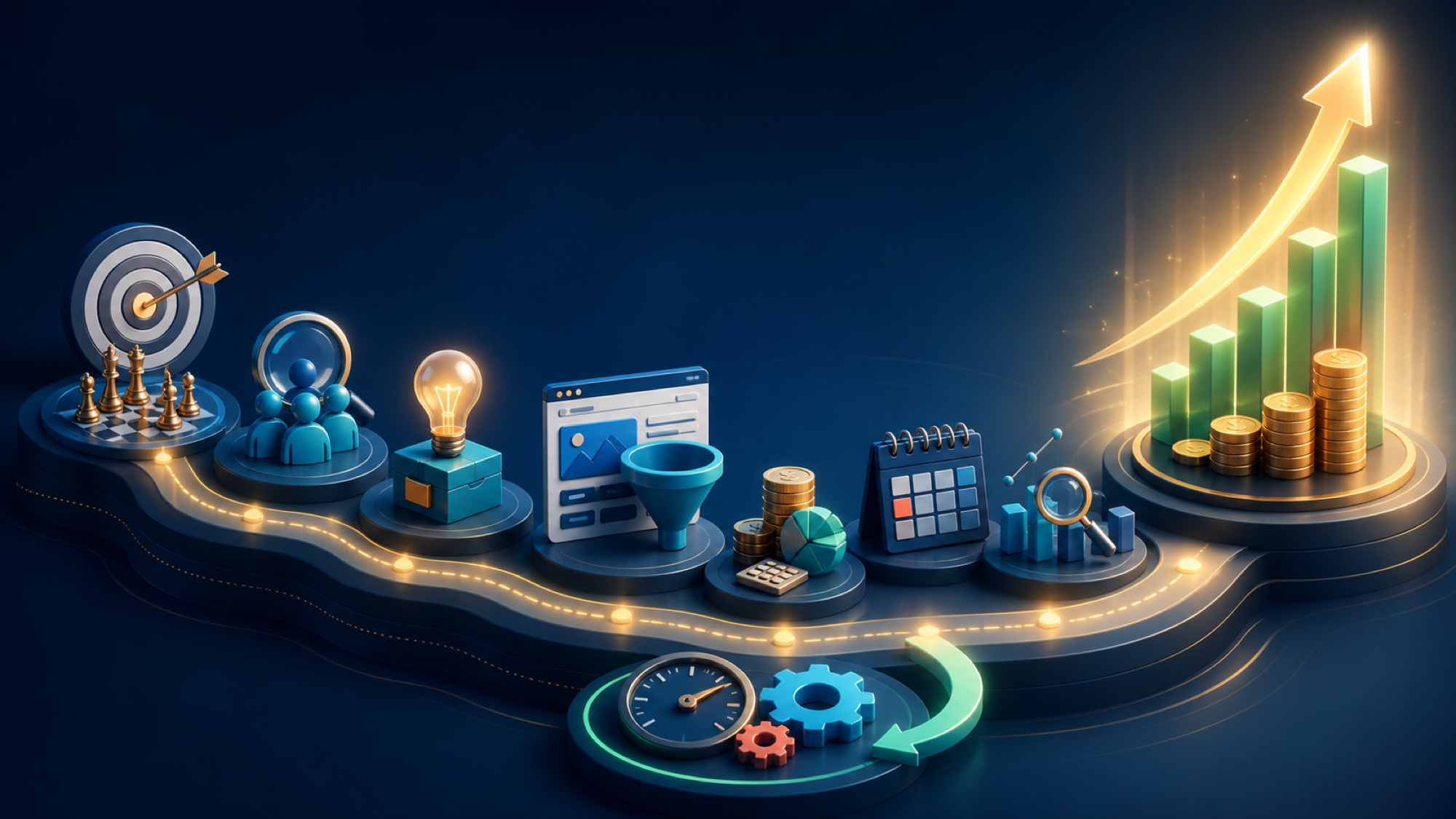 Revenue planning roadmap connecting business goals audience research offers website funnel budget timeline measurement and optimization