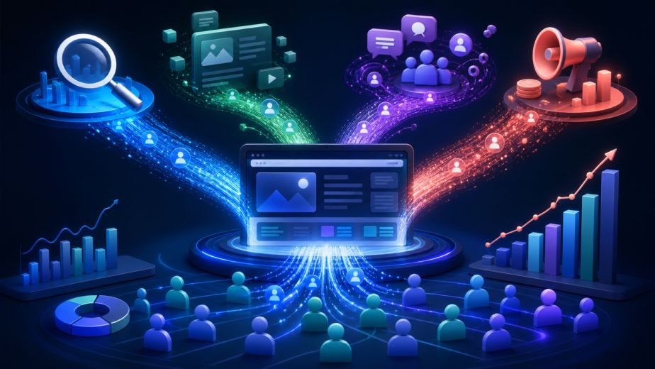 Website traffic strategy connecting organic search useful content community distribution paid promotion qualified visitors and analytics