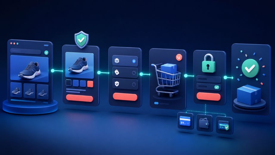 Frictionless ecommerce purchase journey connecting product discovery trust simple choices cart secure payment and confirmation