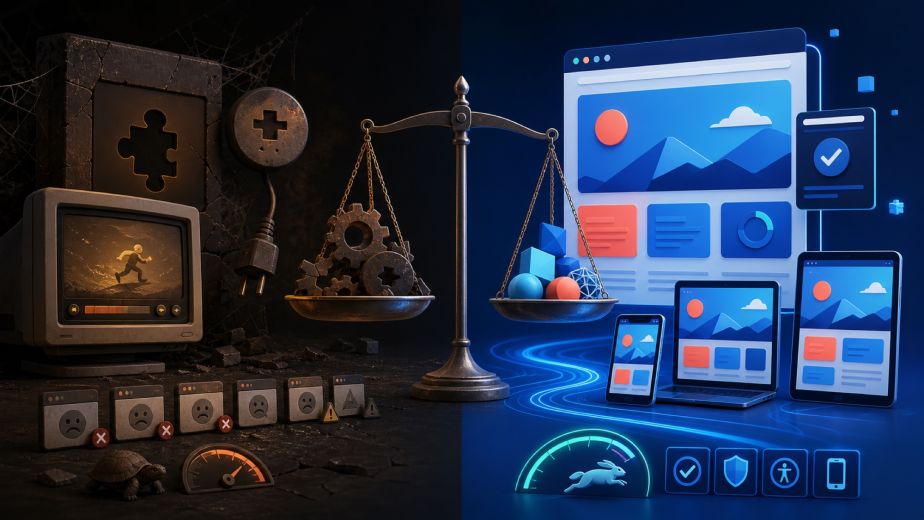 Legacy plugin based animated website compared with modern responsive accessible standards based web design