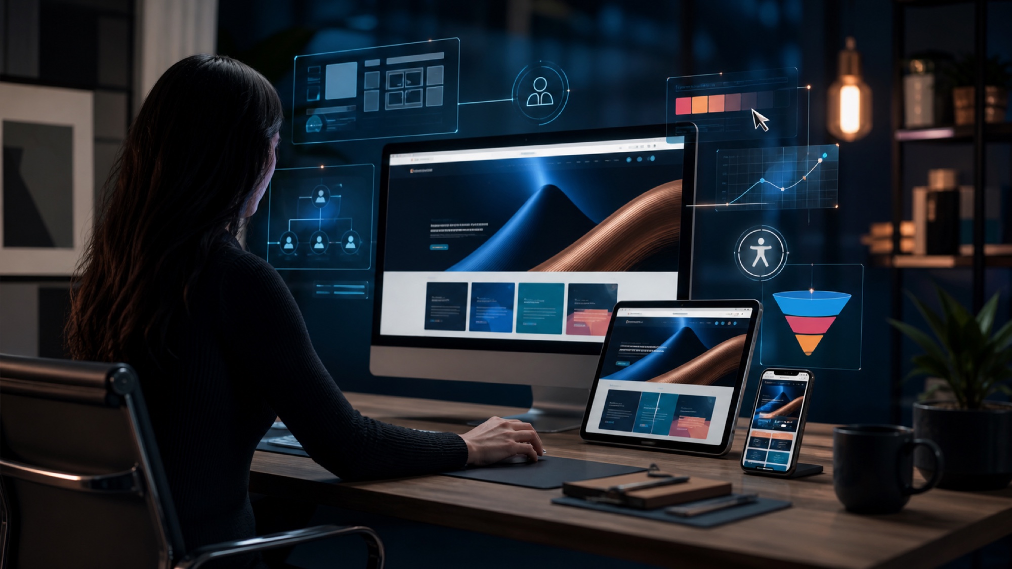Professional web designer creating a responsive business website with strategy UX branding accessibility and conversion planning