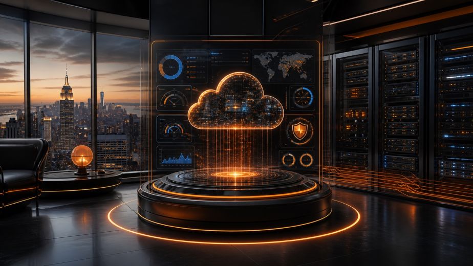 Cloud hosting provider platform with secure server infrastructure and uptime monitoring for a New York business