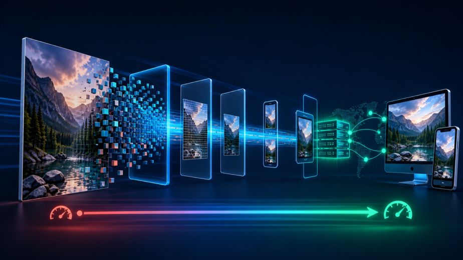 Website image optimization pipeline connecting compression responsive sizing modern formats lazy loading CDN delivery and faster pages