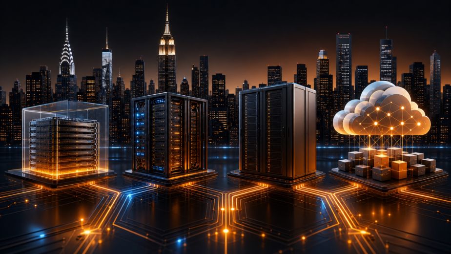 Shared VPS dedicated and cloud server hosting architectures connected across a Manhattan infrastructure network