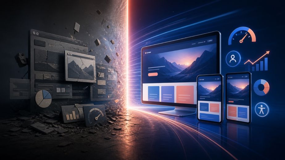 Outdated website transforming into a modern responsive experience with improved speed accessibility branding and conversion