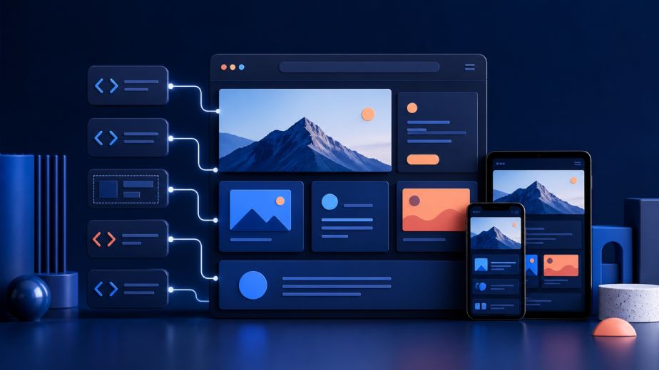HTML website structure connecting semantic content blocks code components and responsive browser layouts
