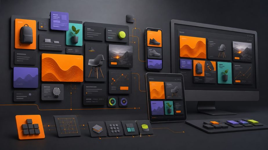 Card based web design organizing ecommerce products services editorial content analytics and responsive components across devices