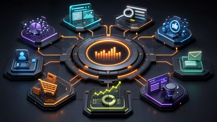 Digital marketing campaign connecting audience research content paid search social email ecommerce CRM and analytics