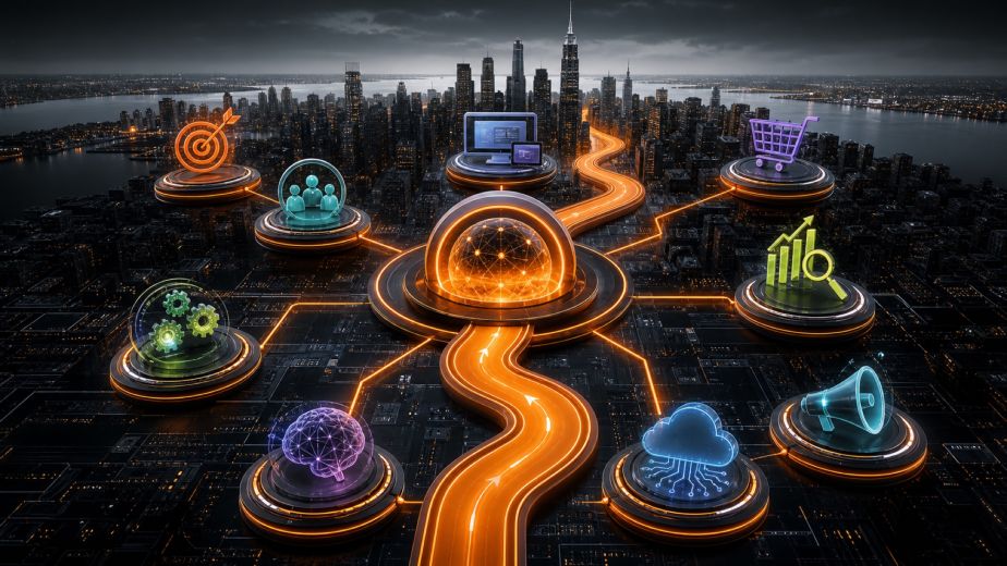 Digital strategy roadmap connecting business goals audience web design ecommerce SEO AI marketing cloud IT and analytics