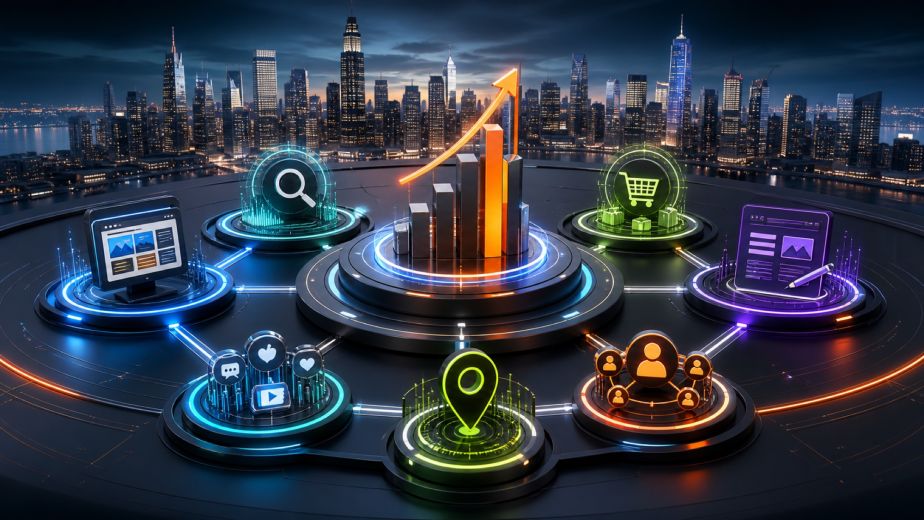 Online presence growth ecosystem connecting web design SEO ecommerce content and CRM in Manhattan