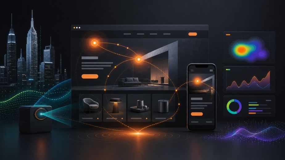 Eye tracking web design analytics showing attention paths heat maps ecommerce content hierarchy responsive layout and conversion data