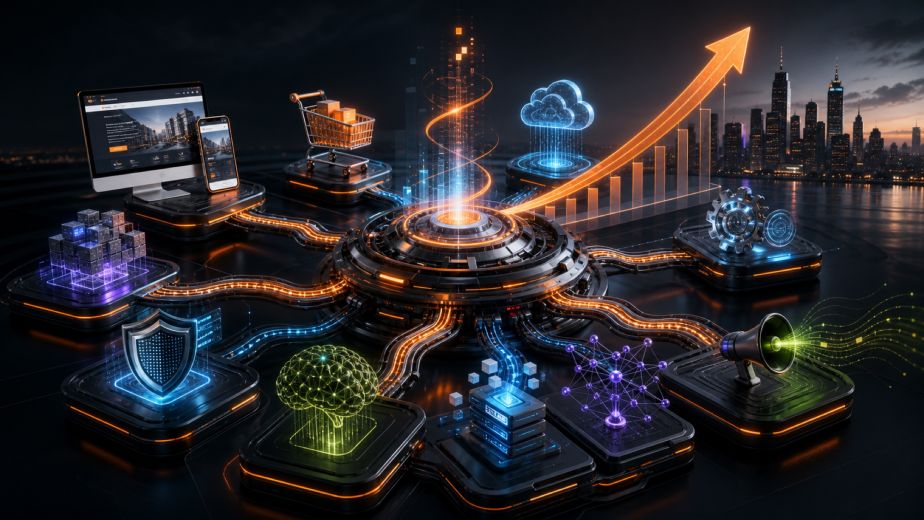 IT solutions for business growth connecting corporate web design ecommerce cloud hosting AI CRM security APIs analytics and marketing