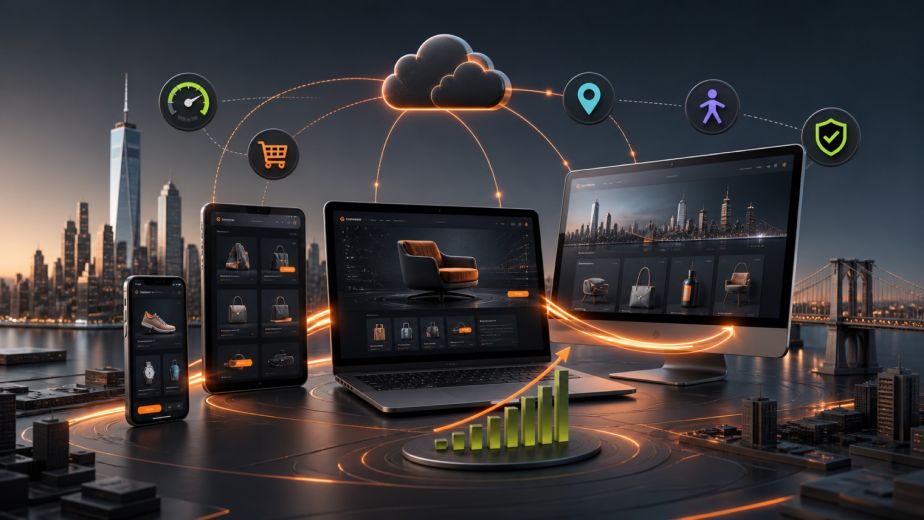 Mobile first web design across smartphone tablet laptop and desktop with ecommerce cloud performance accessibility and local search