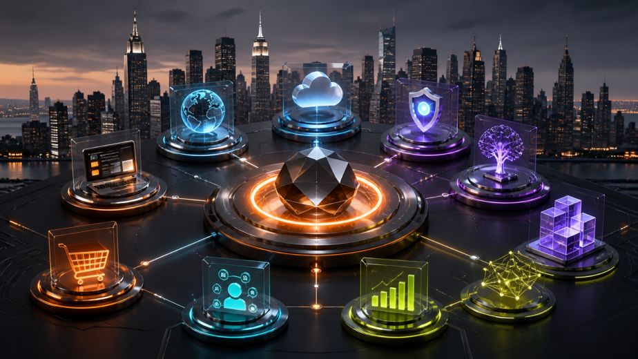 Modern IT agency connecting corporate web design ecommerce cloud security AI CRM analytics and custom applications
