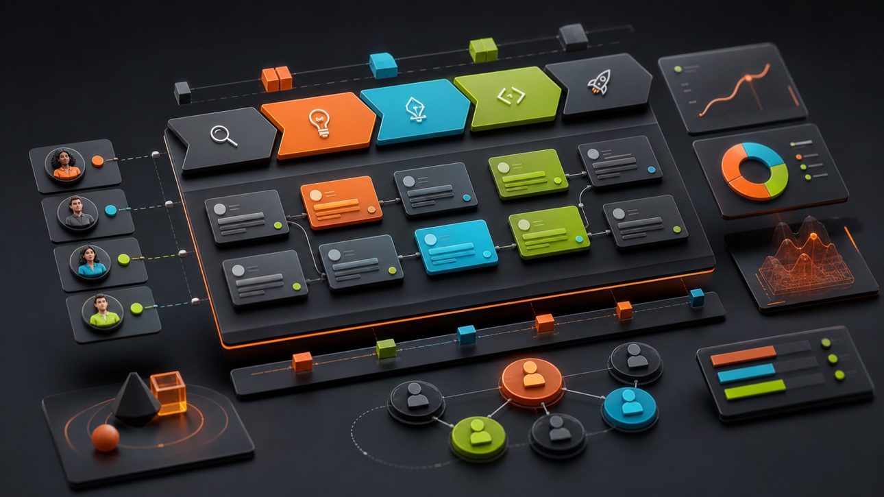 Organized digital agency workflow with project timelines team nodes and production stages