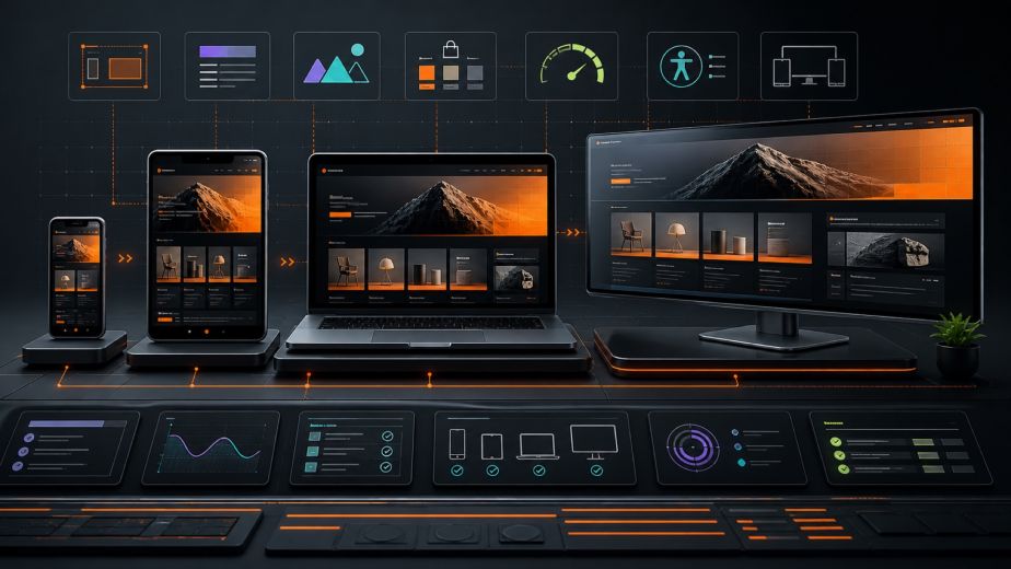 Responsive web design testing across smartphone tablet laptop and ultrawide screens with accessibility speed and ecommerce layouts