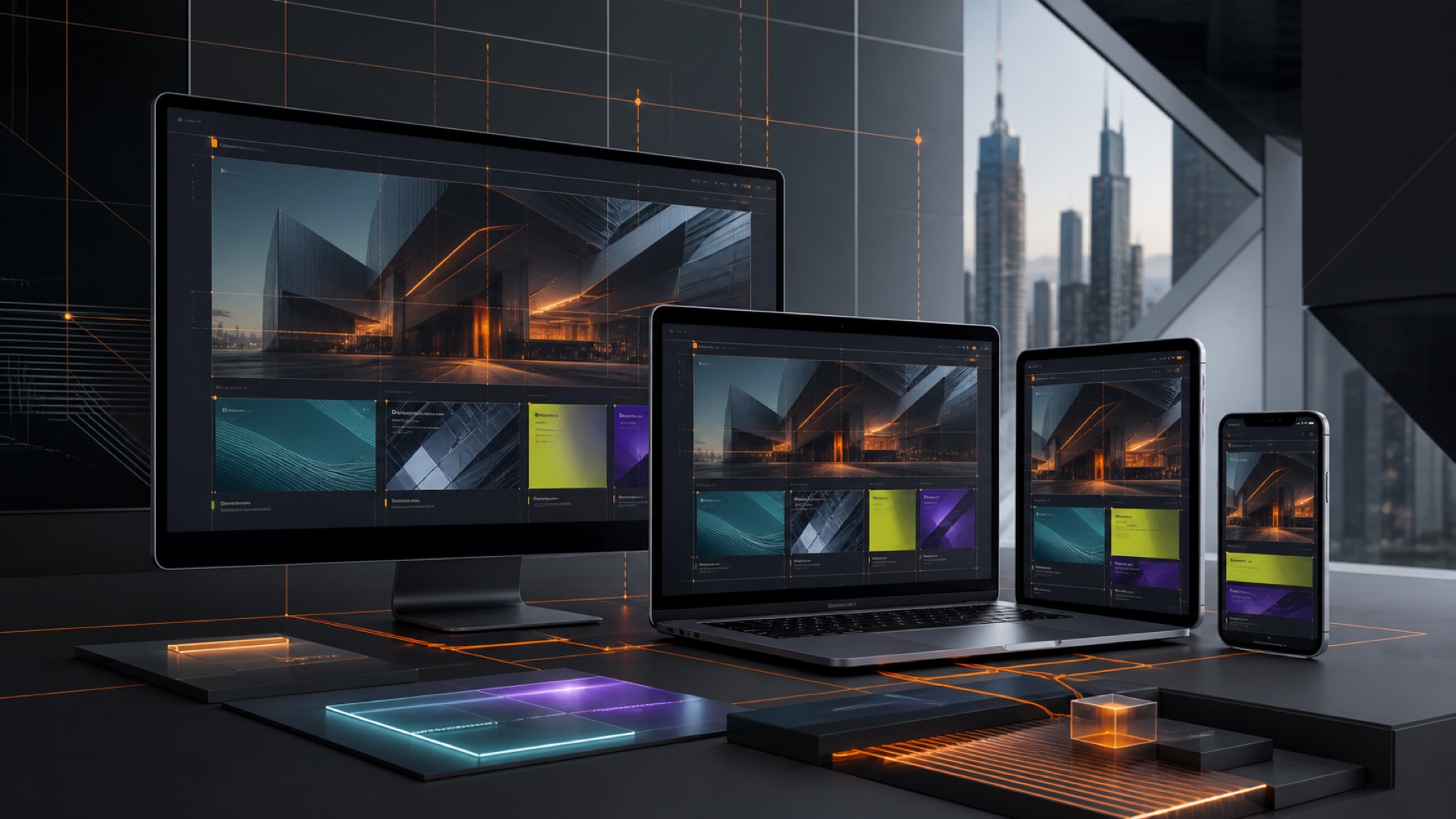 Responsive web design adapting one website across desktop laptop tablet and mobile layouts with flexible grids breakpoints and touch controls