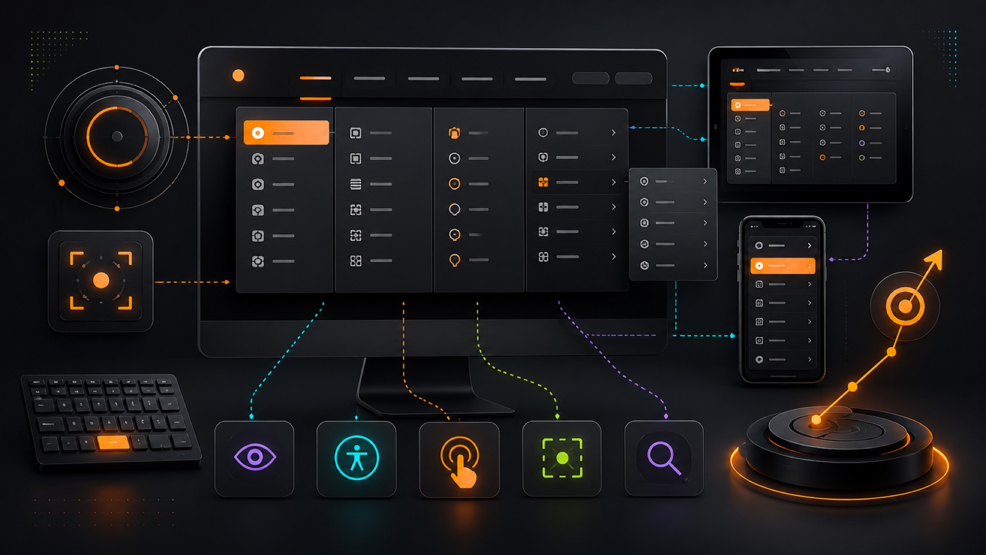 Accessible UX dropdown navigation across desktop tablet and mobile with keyboard focus touch targets and clear hierarchy