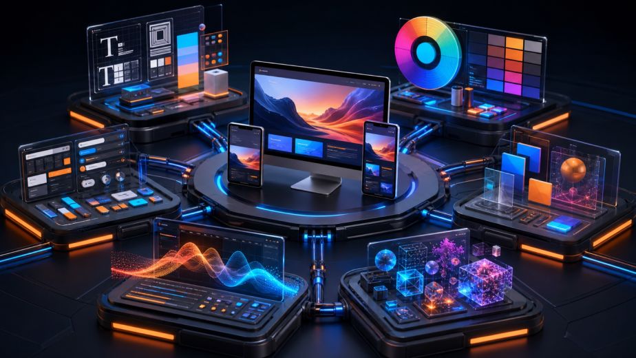 Futuristic web design laboratory connecting typography color UI prototypes motion and digital forms