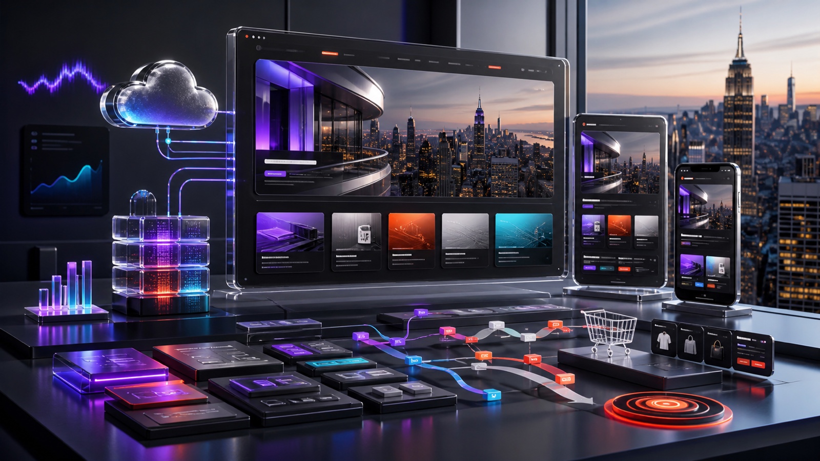 Futuristic responsive website design system supporting business growth ecommerce and cloud technology in Manhattan