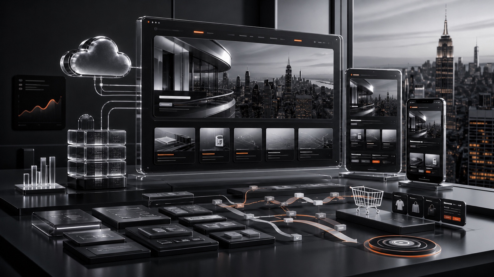 Futuristic responsive website design system supporting business growth ecommerce and cloud technology in Manhattan