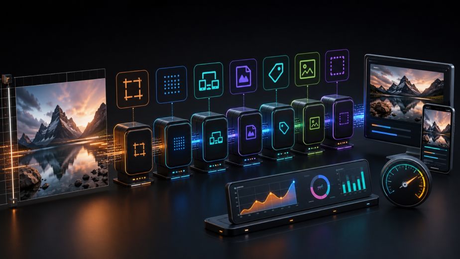 Website image SEO and performance optimization with sizing compression responsive delivery alt text and Core Web Vitals